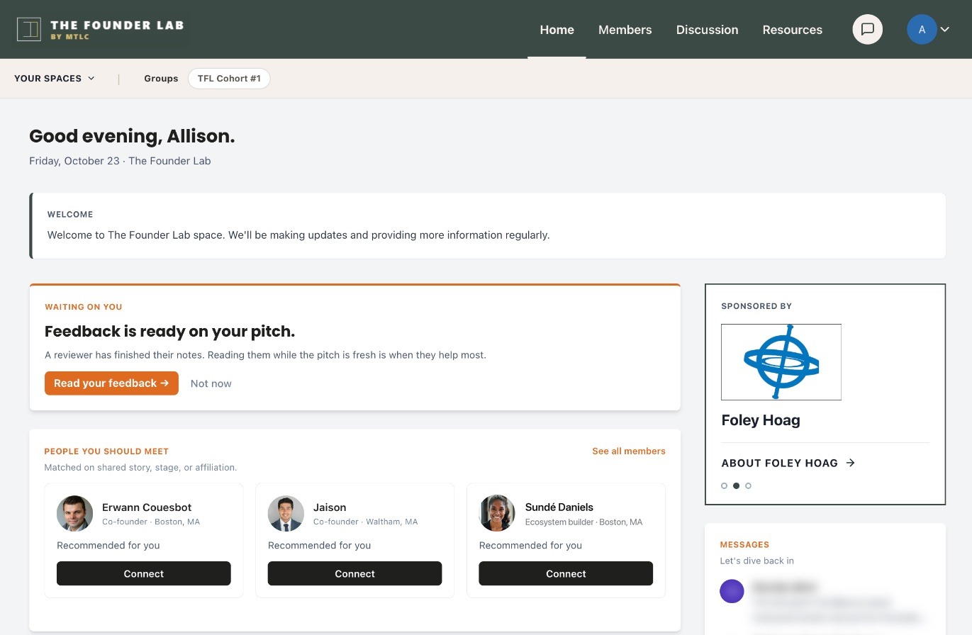 A member's home page in The Founder Lab Space: pitch feedback ready to read, three recommended founders to meet (Erwann Couesbot, Jaison, and Sundé Daniels), and the Space's sponsor