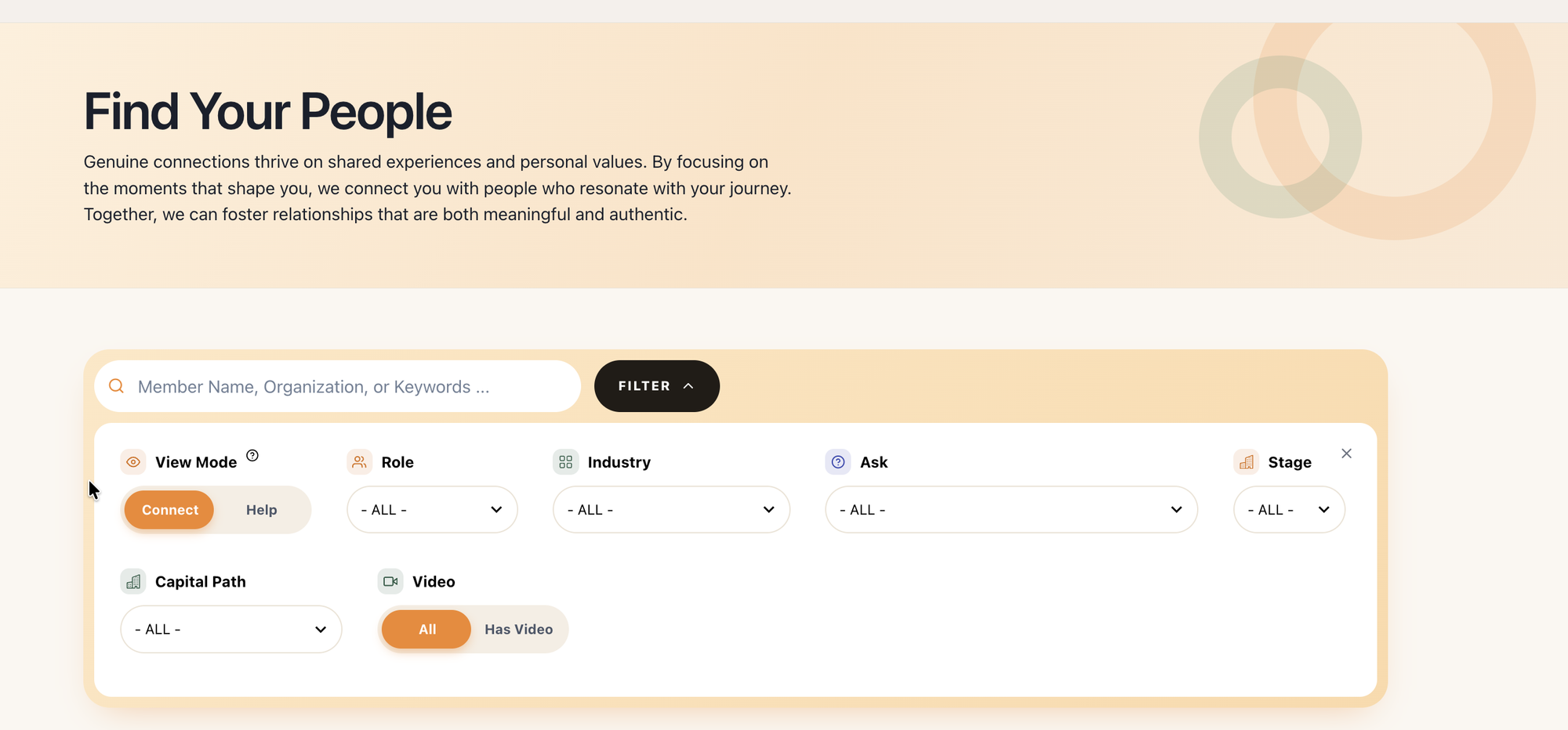 Find Your People filters: view mode, role, industry, ask, stage, capital path, and video